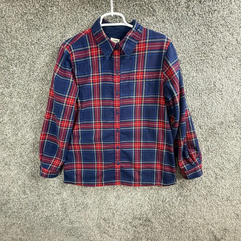 LL Bean Fleece Lined Flannel Shirt Mens Medium Blue Red Plaid Tartan Cabincore